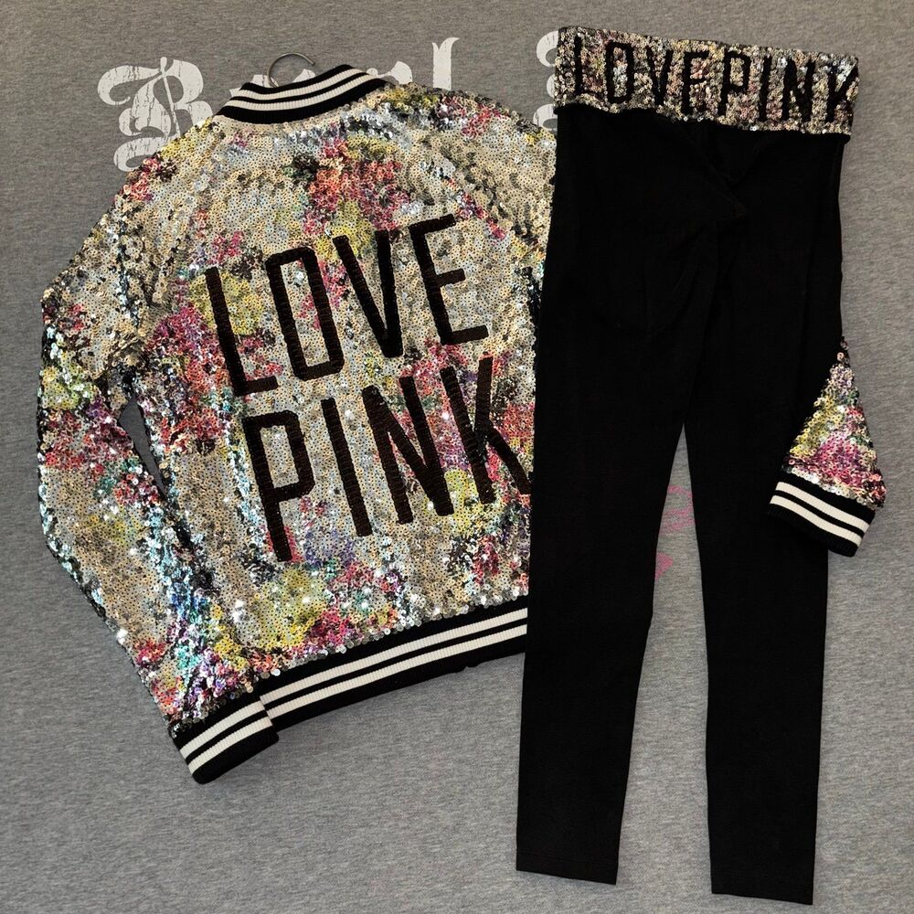 Rare VS PINK Fashion Show 2013 Mega Sequin Bling Bomber Jacket & Legging XS